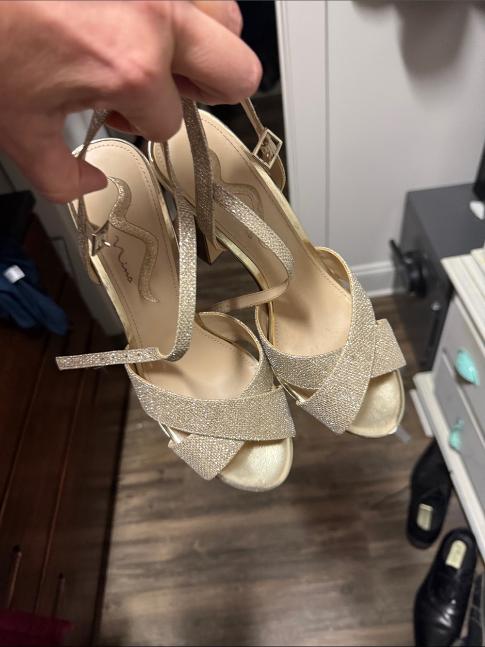 Glitter Strap Peep-Toe Heels - Gold